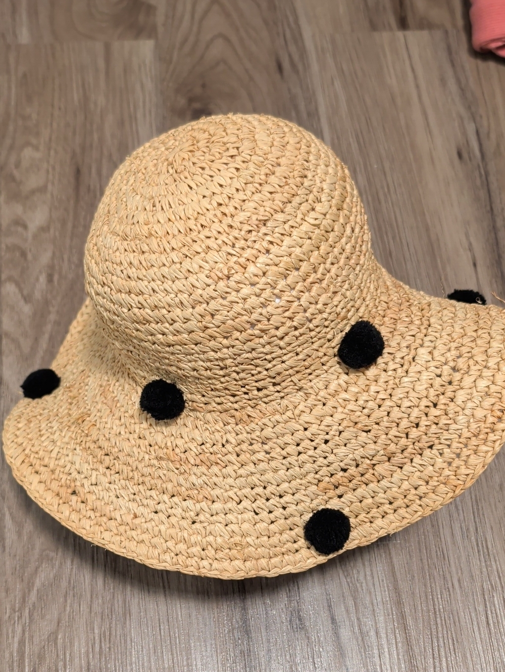 Straw Sun Hat with Black Pom-Poms - Natural